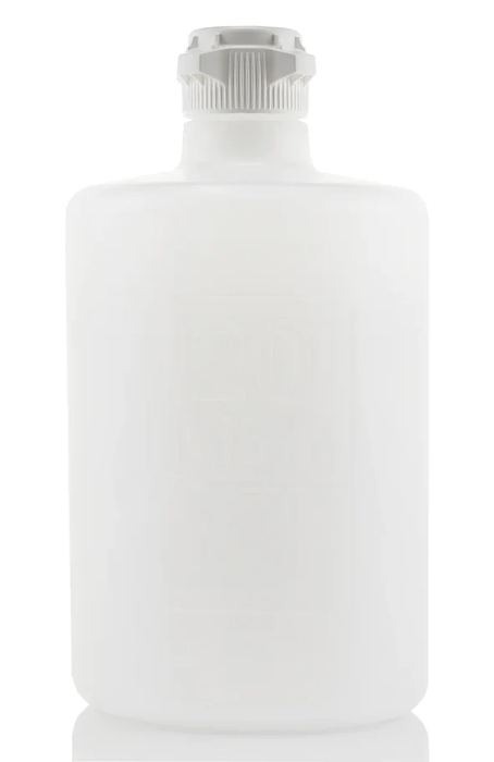 Clear graduated lab carboy with ergonomic handle for chemical storage.