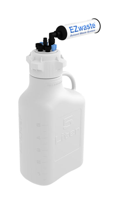 EZwaste® HPLC Solvent Waste System, 5 L Heavy Duty Reusable Carboy, 83 mm (83B) VersaCap with Four (4x) Ports for 1/16 Inch O.D. Tubing; Three (3x) Ports for 1/4 Inch O.D. Tubing, 1/EA