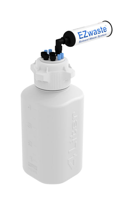 EZwaste® HPLC Solvent Waste System, 4 L HDPE Heavy Duty Reusable Bottle, 83 mm (83B) VersaCap with Four (4x) Ports for 1/16 Inch O.D. Tubing; Three (3x) Ports for 1/4 Inch O.D. Tubing; & Filter, 1/EA