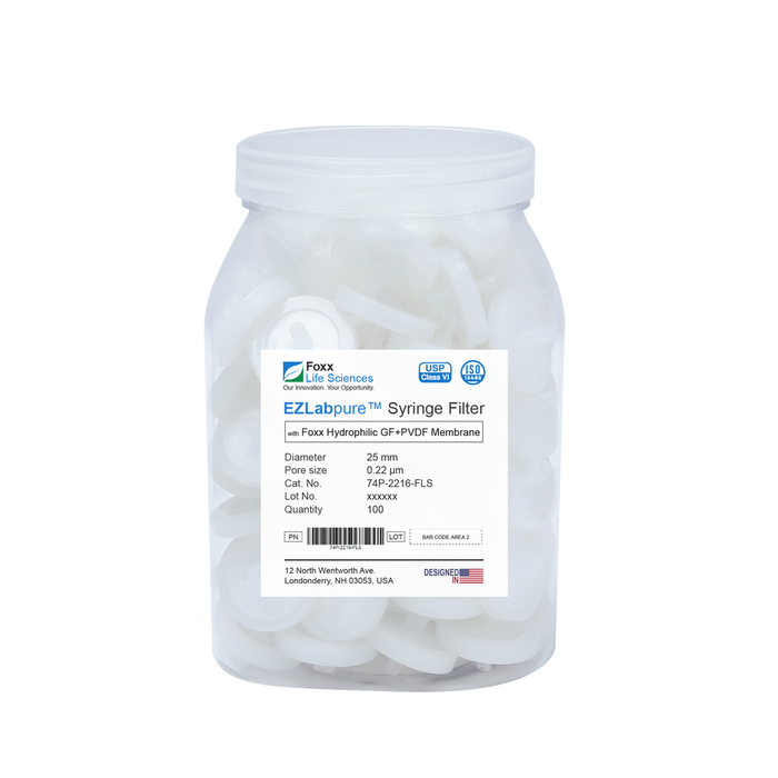 EZlabpure 25mm Syringe Filters – 0.22µm Hydrophilic PVDF w/ GF Prefilter, Non-Sterile  Foxx Life Sciences | img_1 | Foxx Life Sciences India | FoxxLifeSciences.in