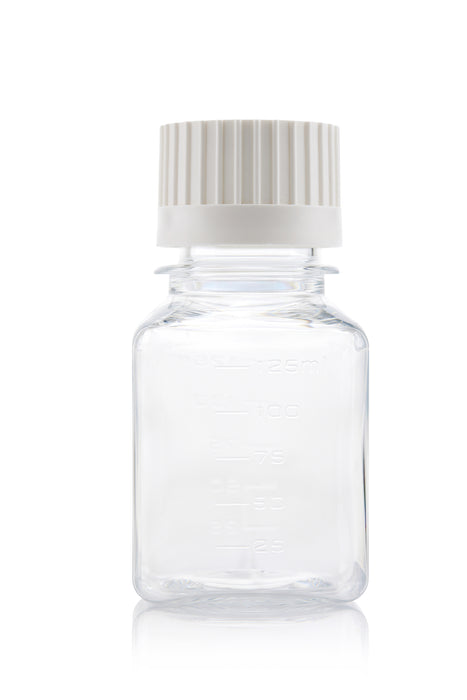 EZBio® Titanium Square Media Bottle, PETG, 38-430mm White Cap, 125ml, Sterile, With Cap, 96/CS