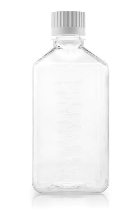 EZBio® Titanium Square Media Bottle, PETG, 38-430mm White Cap, 1000ml, Sterile, With Cap, 24/CS