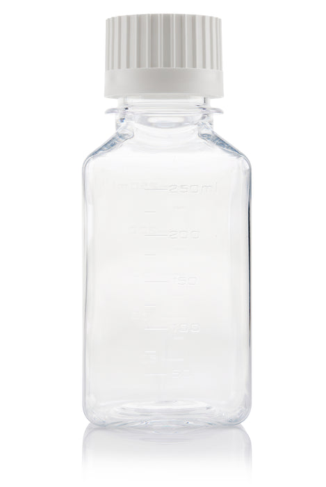 EZBio® Titanium Square Media Bottle, PETG, 38-430mm White Cap, 250ml, Sterile, With Cap, 60/CS