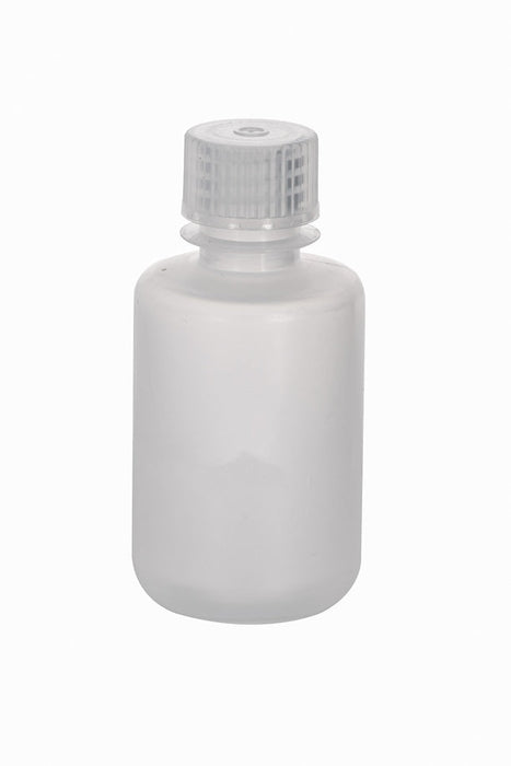 Clear plastic bottle with a white cap on a white background