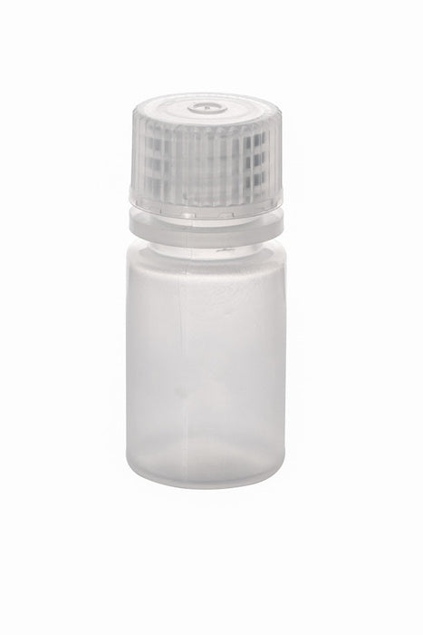 Clear plastic bottle with a white cap on a white background