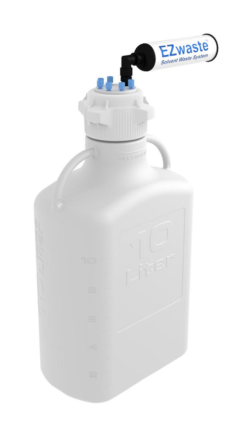 EZwaste® Safety Vent Carboy 10L HDPE with VersaCap® 83B, 6 Ports for 1/8'' OD Tubing and a Chemical Exhaust Filter