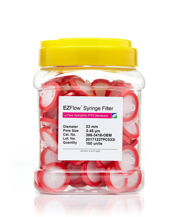 EZFlow® 33mm Syringe Filter, .45μm Hydrophilic PTFE 100/pack