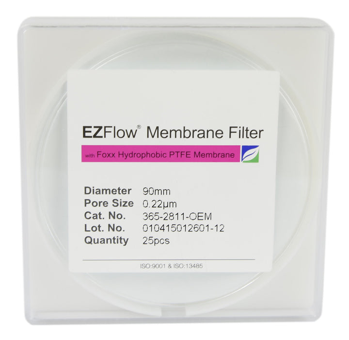 25 pack EZFlow® 90mm 0.2µm Hydrophobic PTFE Membrane Disc Filter